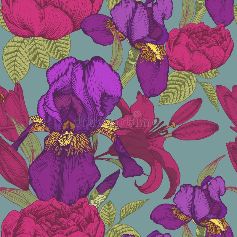 Floral seamless pattern with irises, lilies and roses vector illustration Floral seamless pattern with irises, lilies and roses vector illustration