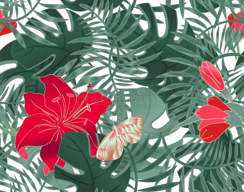 Floral Seamless pattern of leaves monstera, hibiscus flowers, palm leaves and butterfly. Tropical plants, leaves of palm tree. stock illustration Floral Seamless pattern of leaves monstera, hibiscus flowers, palm leaves and butterfly. Tropical plants, leaves of palm tree. stock illustration