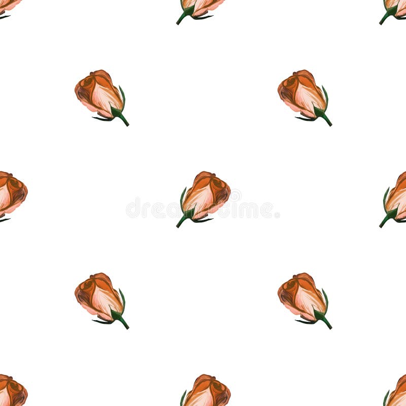 Floral seamless pattern made of roses. Acrilic painting with orange flower buds isolated on white background. Botanical stock illustration Floral seamless pattern made of roses. Acrilic painting with orange flower buds isolated on white background. Botanical stock illustration