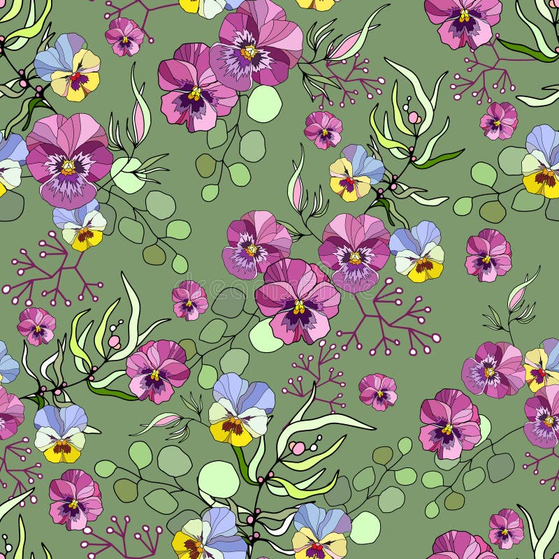 Floral Seamless Pattern, Pink, Purple and Yellow Viola, Orchid, Leaf on Green  Background, Pastel Vintage Theme. Vector Stock Image - Image of fabric,  style: 209187673