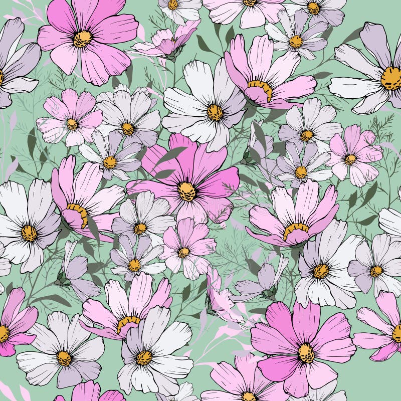 Floral Seamless Pattern with Pink and White Cosmos Flowers Stock Vector ...