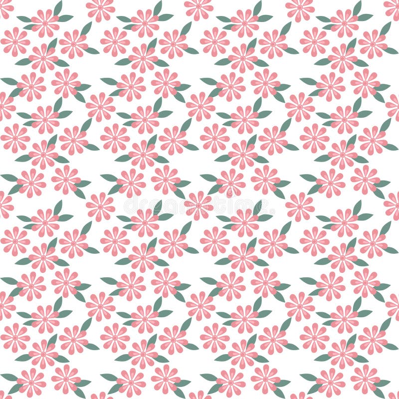 Floral Seamless Pattern with Small Pink Flowers and Green Leaves Repeat on White Background stock illustration