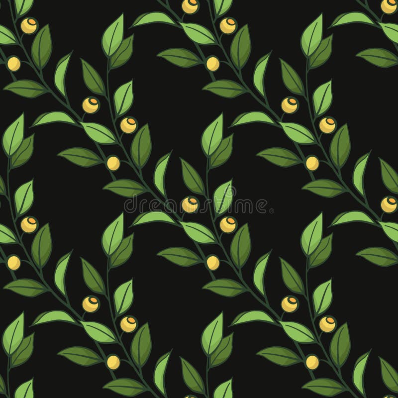Floral seamless pattern. Vector diagonal green branches with leaves and yellow berries on black background. vector illustration