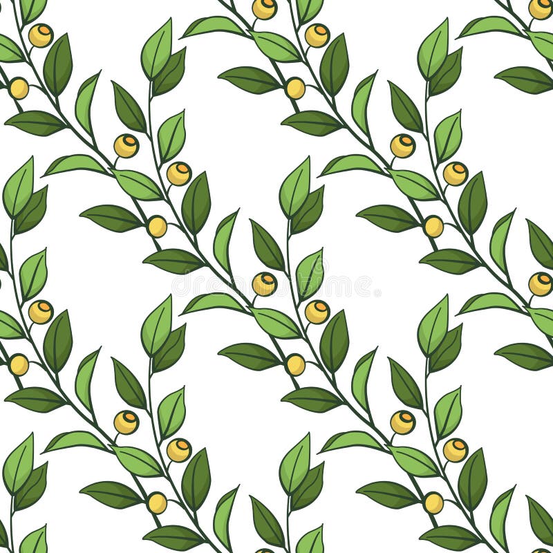 Floral seamless pattern. Vector diagonal green branches with leaves and yellow berries.. vector illustration