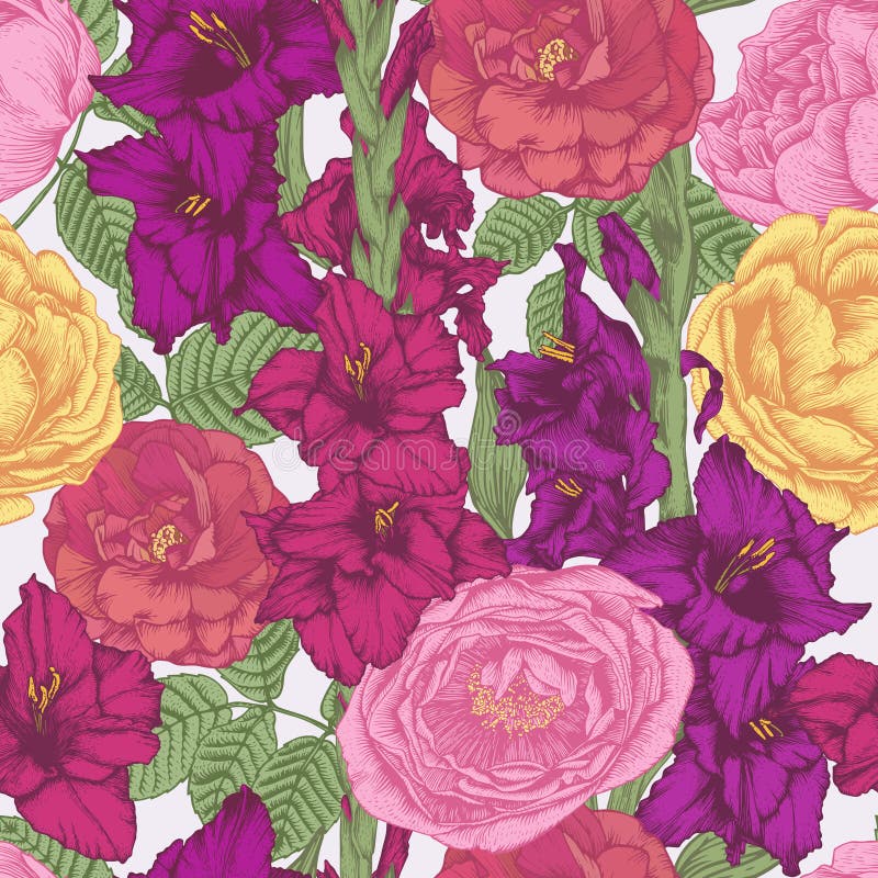 Floral seamless pattern with violet and purple gladiolus flowers, crimson and yellow roses