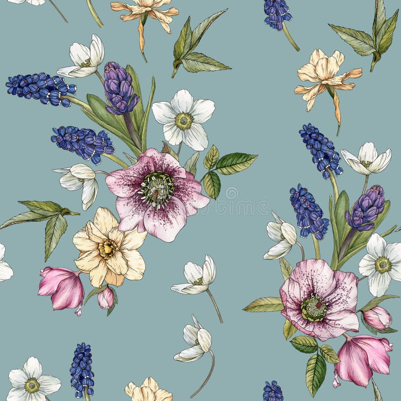 Floral seamless pattern with watercolor narcissus, muscari and hellebore