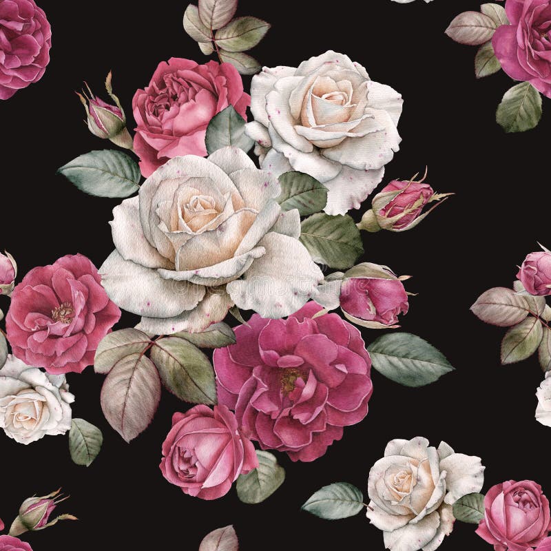 Floral seamless pattern with watercolor roses and leaves