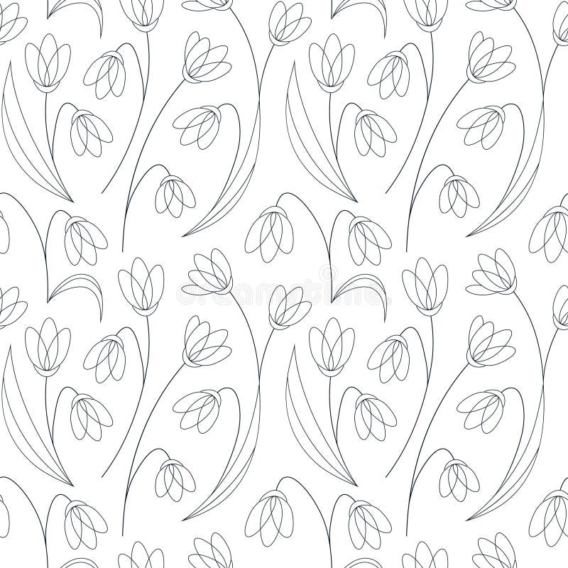 Floral seamless vector pattern with snowdrop flowers in line drawing style vector illustration