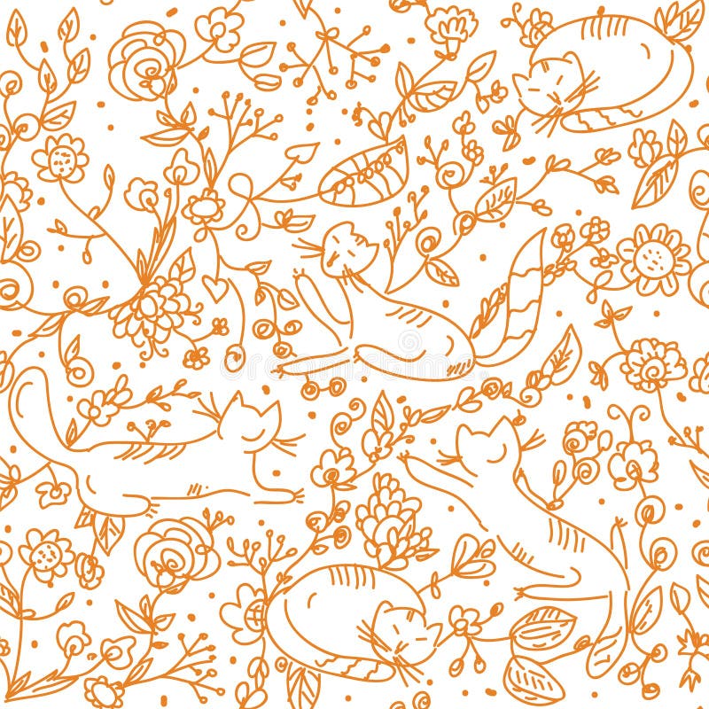 Floral seamless wallpaper with cats