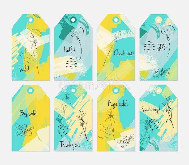 Floral seasonal with sketched dandelion yellow green tag set