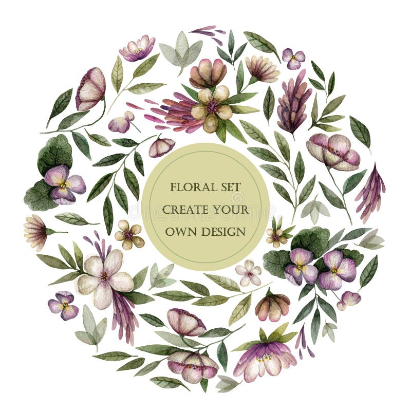 Floral set with vintage flowers and leaves in dark tone. stock illustration Floral set with vintage flowers and leaves in dark tone. stock illustration