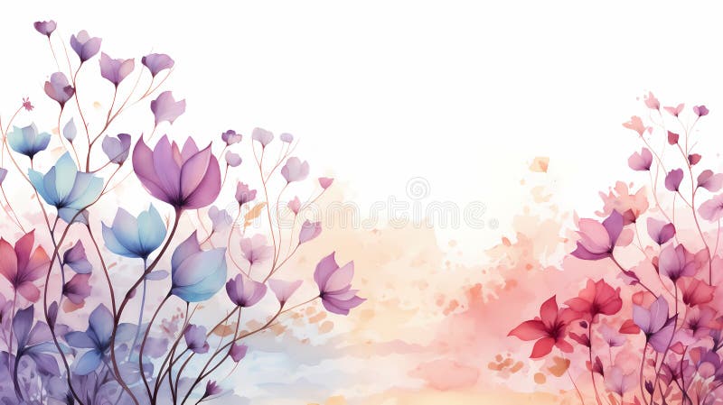 Floral soft pastel watercolor background. Elegant frame made of hand drawn purple, blue and pink flowers