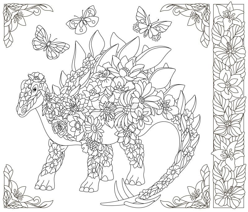 Floral Dinosaur Coloring Book Page Stock Vector - Illustration of ...