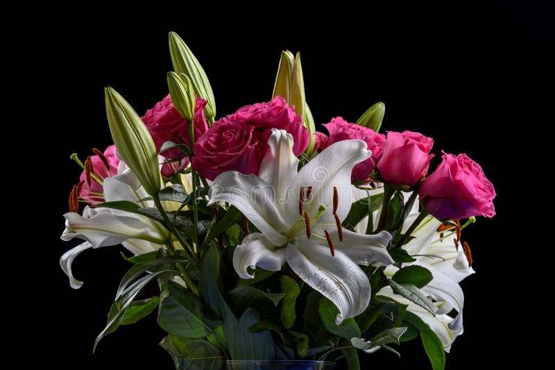 Floral Still Life with Roses and Lillies Stock Image - Image of closeup ...