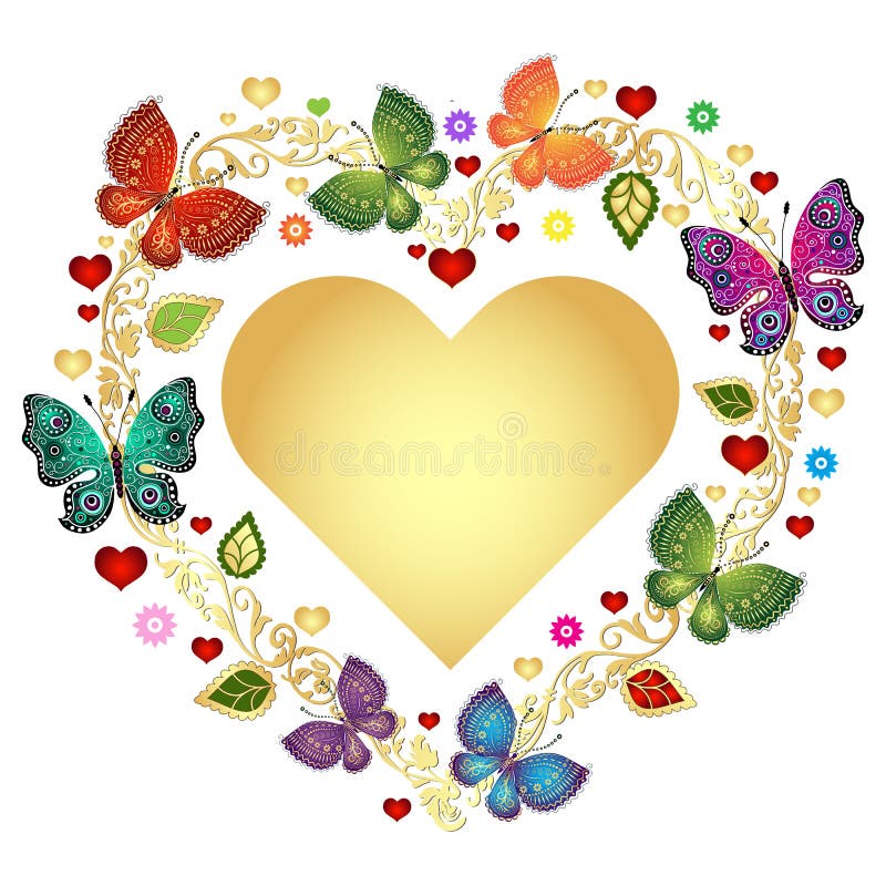 Floral valentine frame with gold heart and colorful butterflies