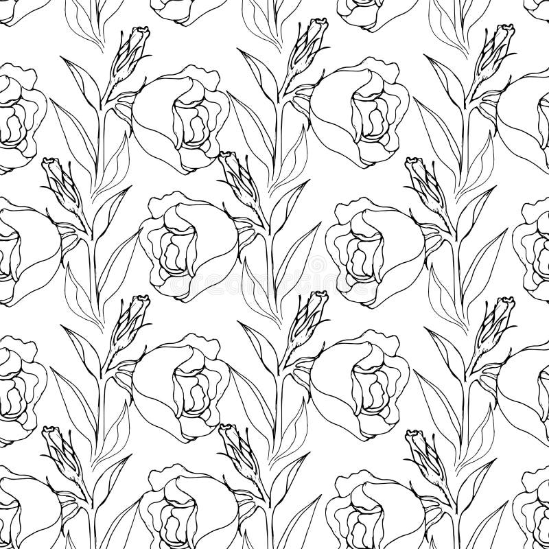 Beautiful Seamless Blackandwhite Background with Lilies, Handdrawn