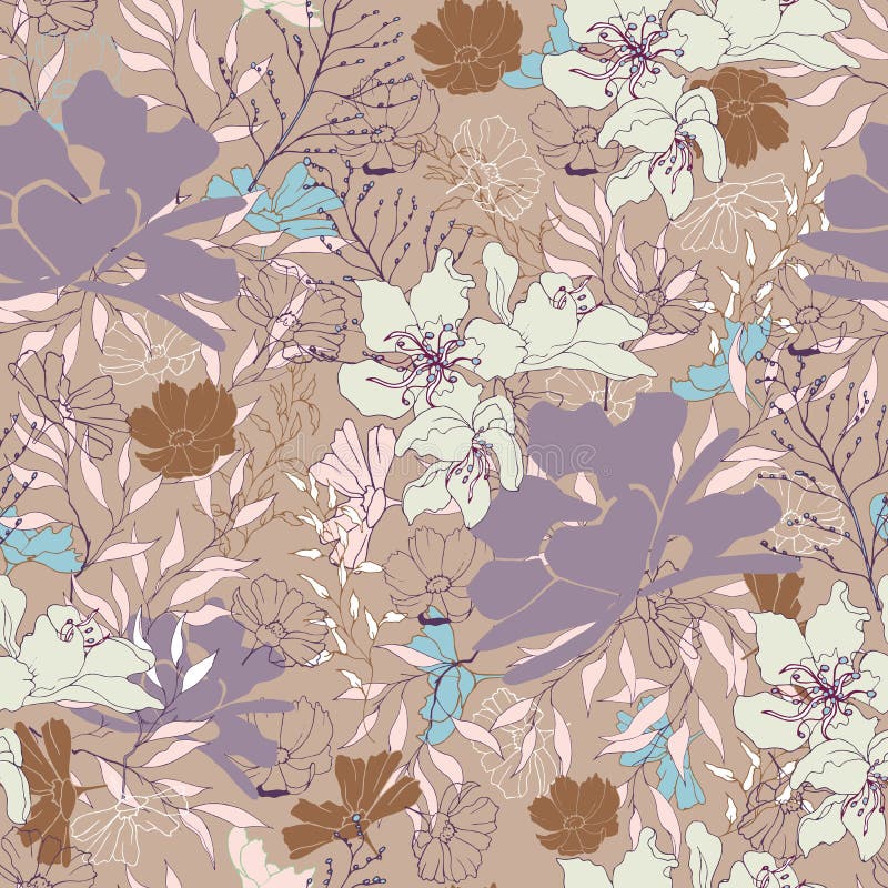 Floral vintage texture for fabric. Ornament of flowers and leaves on a brown background. Elegant natural ornament. Vintage texture vector illustration Floral vintage texture for fabric. Ornament of flowers and leaves on a brown background. Elegant natural ornament. Vintage texture vector illustration