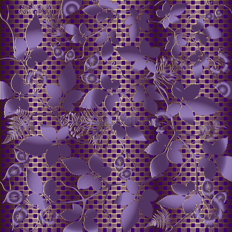Floral violet vector seamless pattern. Ornate leafy lace background. Ornamental repeat gold grid backdrop. Ferns. Branches and vector illustration Floral violet vector seamless pattern. Ornate leafy lace background. Ornamental repeat gold grid backdrop. Ferns. Branches and vector illustration