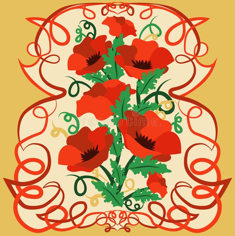 Poppies Floral Card in Art Nouveau Style, Vector Stock Vector ...