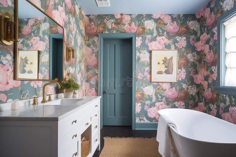Floral Wallpaper in a Modern Bathroom Stock Illustration Illustration