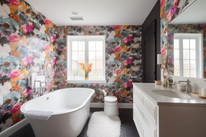 Floral Wallpaper in a Modern Bathroom Stock Image Image of interior