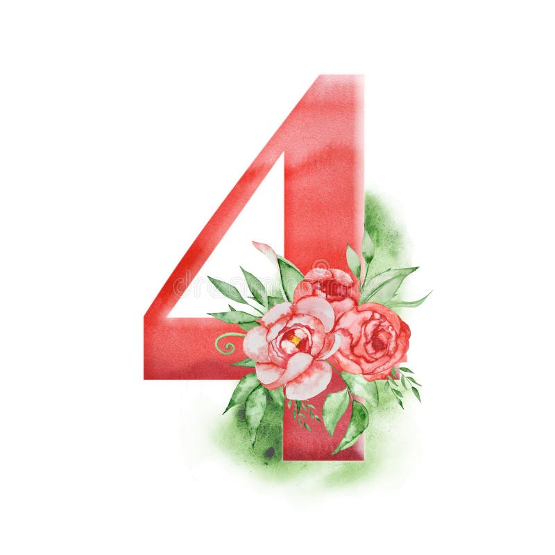Floral Watercolor Alphabet. Watercolor Number 4 with Peonies Flowers