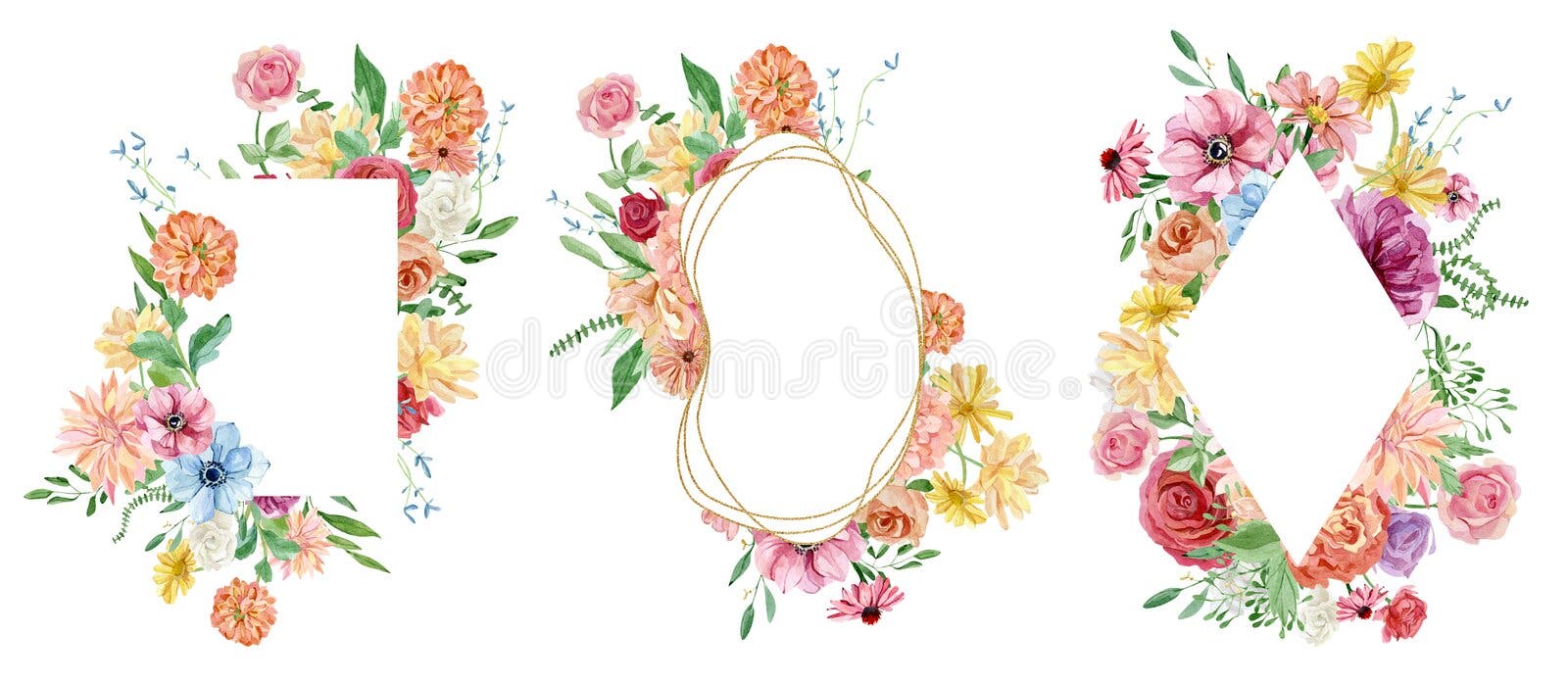 Floral watercolor frame set of green leaves, twigs, branches, foliage, rose, peony, chrysanthemum, anemone. royalty free illustration Floral watercolor frame set of green leaves, twigs, branches, foliage, rose, peony, chrysanthemum, anemone. royalty free illustration
