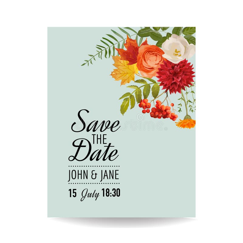 Floral Wedding Invitation Card Template with Autumn Flowers, Leaves and Rowanberry. Baby Shower Decoration royalty free illustration Floral Wedding Invitation Card Template with Autumn Flowers, Leaves and Rowanberry. Baby Shower Decoration royalty free illustration
