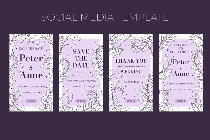 Floral wedding vertical social media template in hand drawn doodle style, invitation card design with line flowers