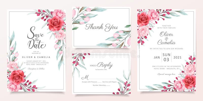 Floral weselny szablon karty zaproszenia z ozdobą krawędzi kwiatów akwarelowych Elegancka ilustracja botaniczna do powitania