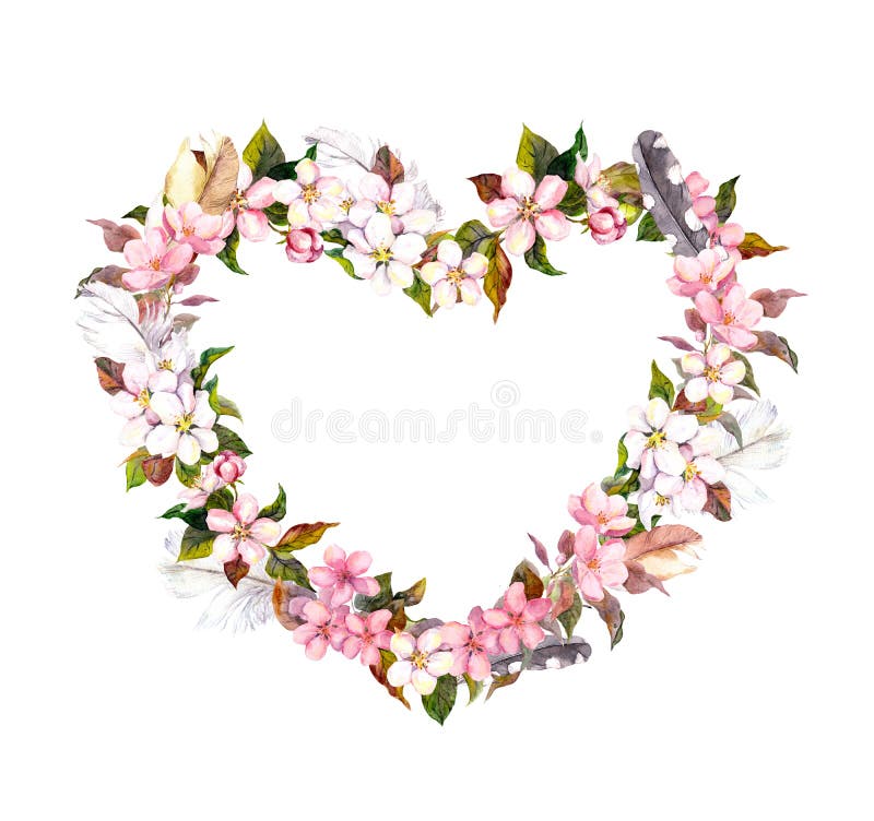 Floral wreath - heart shape. Pink flowers and feathers. Watercolor for Valentine day, wedding in vintage boho style