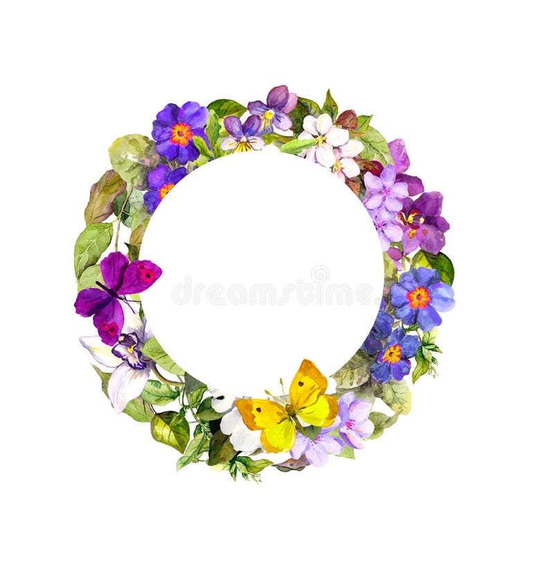 Floral wreath - meadow flowers, wild grass and spring butterflies