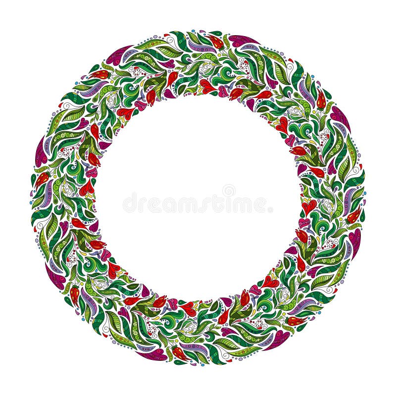 Floral wreath, spring hand drawn frame. Nature inspired garland with red flowers.