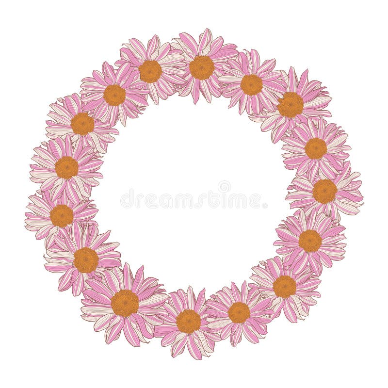 Floral wreath of white-pink-yellow daisies on white background