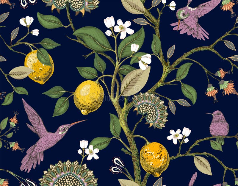 Floral άνευ ραφής διάνυσμα προτύ&p Βοτανική ταπετσαρία Εγκαταστάσεις, σκηνικό λουλουδιών πουλιών Συρμένη εκλεκτής ποιότητας ταπετ διανυσματική απεικόνιση