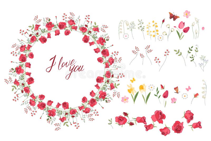 Floral θερινά στοιχεία με τις χαριτωμένες δέσμες των τουλιπών, τριαντάφυλλα απεικόνιση αποθεμάτων Floral θερινά στοιχεία με τις χαριτωμένες δέσμες των τουλιπών, τριαντάφυλλα απεικόνιση αποθεμάτων
