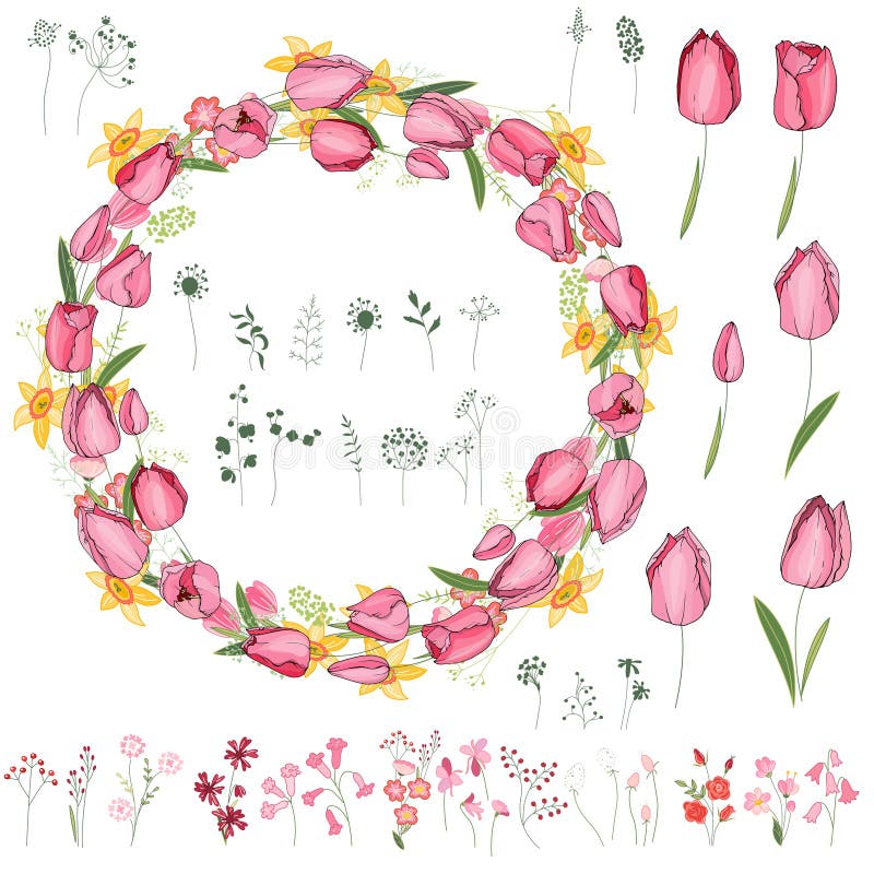 Floral θερινά στοιχεία με τις χαριτωμένες δέσμες των τουλιπών, daffodils απεικόνιση αποθεμάτων Floral θερινά στοιχεία με τις χαριτωμένες δέσμες των τουλιπών, daffodils απεικόνιση αποθεμάτων
