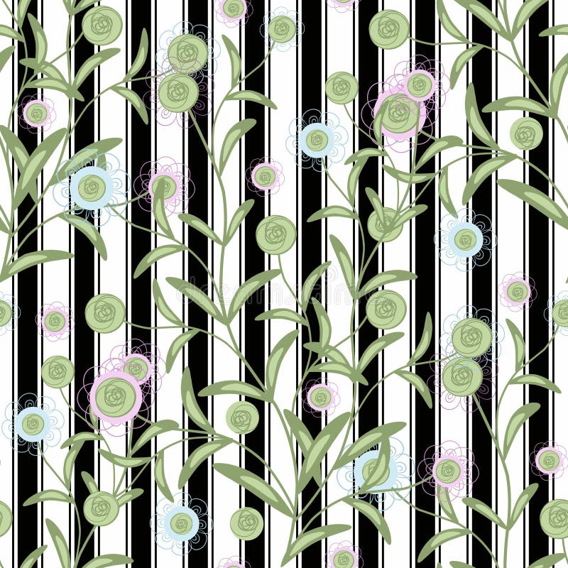 Floral άνευ ραφής σχέδιο, χαριτωμένα κινούμενων σχεδίων μαύρα λωρίδες υποβάθρου λουλουδιών άσπρα διανυσματική απεικόνιση Floral άνευ ραφής σχέδιο, χαριτωμένα κινούμενων σχεδίων μαύρα λωρίδες υποβάθρου λουλουδιών άσπρα διανυσματική απεικόνιση