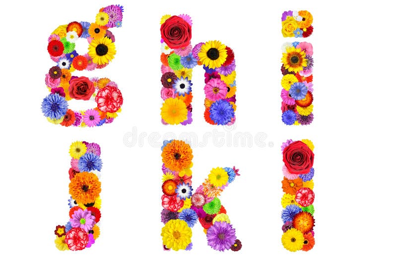 Floral Alphabet Isolated on White. Six Letters G, H, I, J, K, L made of many colorful and original flowers. Floral Alphabet Isolated on White. Six Letters G, H, I, J, K, L made of many colorful and original flowers