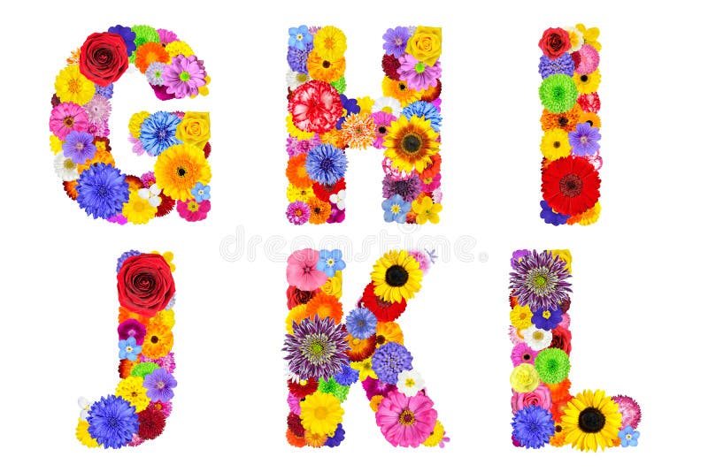 Floral Alphabet Isolated on White. Six Letters G, H, I, J, K, L made of many colorful and original flowers. Floral Alphabet Isolated on White. Six Letters G, H, I, J, K, L made of many colorful and original flowers