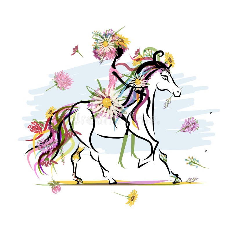 Floral κορίτσι στο άσπρο άλογο για το σχέδιό σας διανυσματική απεικόνιση Floral κορίτσι στο άσπρο άλογο για το σχέδιό σας διανυσματική απεικόνιση