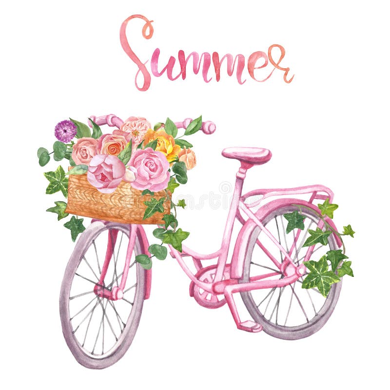 Floral ποδήλατο Watercolor, που απομονώνεται Ρομαντικά ρόδινα ποδήλατο, καλάθι και λουλούδια στο άσπρο υπόβαθρο Γαμήλιο σχέδιο, κ στοκ φωτογραφία με δικαίωμα ελεύθερης χρήσης Floral ποδήλατο Watercolor, που απομονώνεται Ρομαντικά ρόδινα ποδήλατο, καλάθι και λουλούδια στο άσπρο υπόβαθρο Γαμήλιο σχέδιο, κ στοκ φωτογραφία με δικαίωμα ελεύθερης χρήσης