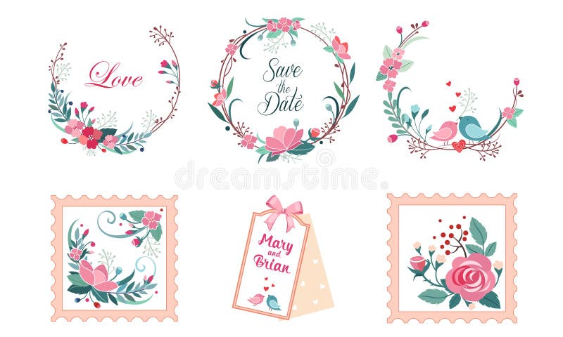 Floral συλλογή πλαισίων, γαμήλια πρόσκληση, εκτός από την κάρτα ημερομηνίας, το στεφάνι με τα ανθίζοντας λουλούδια και το διάνυσμ διανυσματική απεικόνιση Floral συλλογή πλαισίων, γαμήλια πρόσκληση, εκτός από την κάρτα ημερομηνίας, το στεφάνι με τα ανθίζοντας λουλούδια και το διάνυσμ διανυσματική απεικόνιση