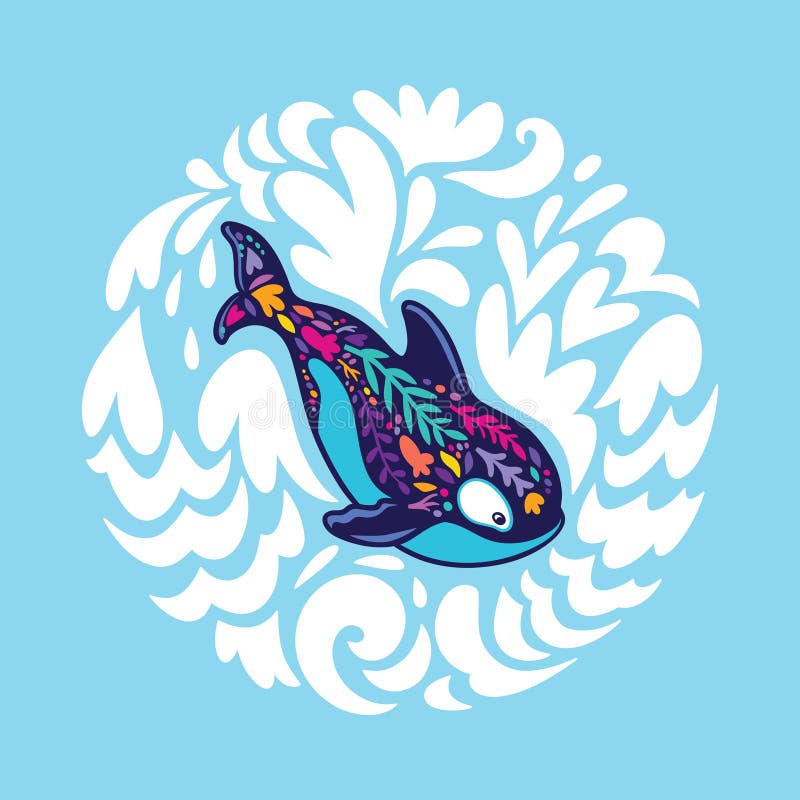 Floral φάλαινα orca στον κύκλο των διακοσμητικών κυμάτων r απεικόνιση αποθεμάτων Floral φάλαινα orca στον κύκλο των διακοσμητικών κυμάτων r απεικόνιση αποθεμάτων
