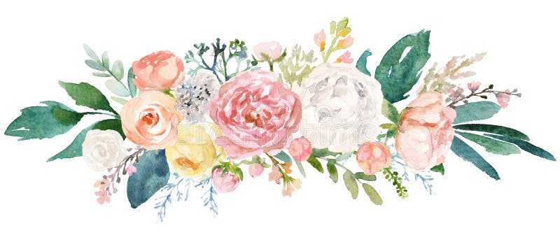 Florala bilder med vattenfärg - bouquet med ljusrosa levande blommor, gröna blad stock illustrationer