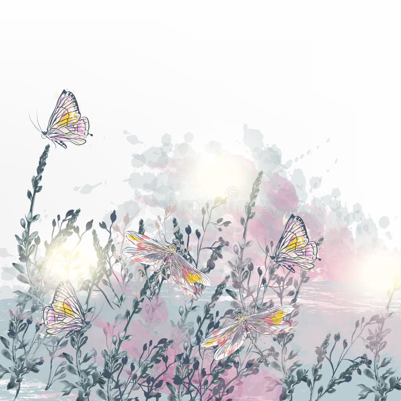 Florala illustrationer av den framkallande vektorn med dragonfly, fjärilar och blommor vektor illustrationer