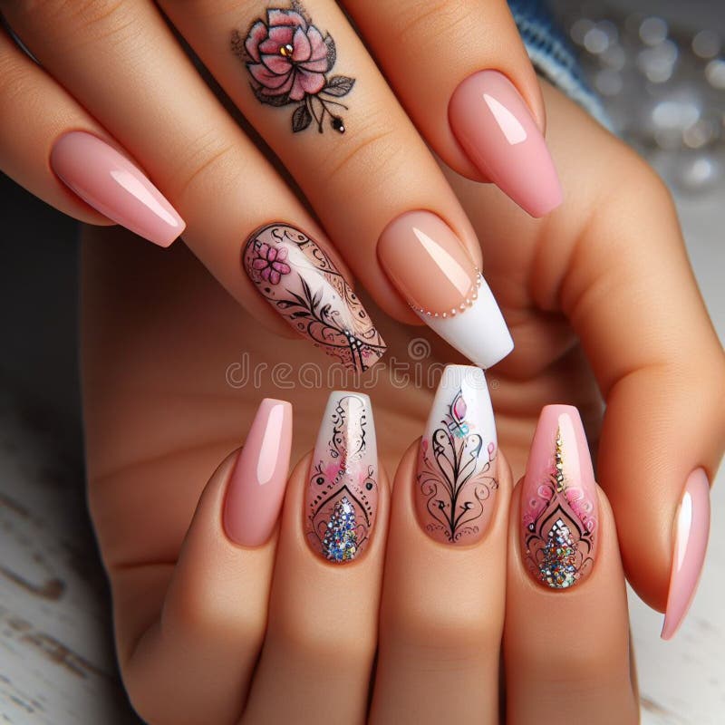 Witness delicate artistry of nail design with a pink palette complemented by detailed patterns and jewel accents. This image captures the art of nail design with a touch of opulence. Witness delicate artistry of nail design with a pink palette complemented by detailed patterns and jewel accents. This image captures the art of nail design with a touch of opulence.