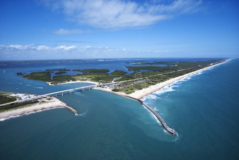 Aerial view of Indian River Lagoon Scenic Highway on Melbourne Beach, Flordia with inlet and pier. Aerial view of Indian River Lagoon Scenic Highway on Melbourne Beach, Flordia with inlet and pier.