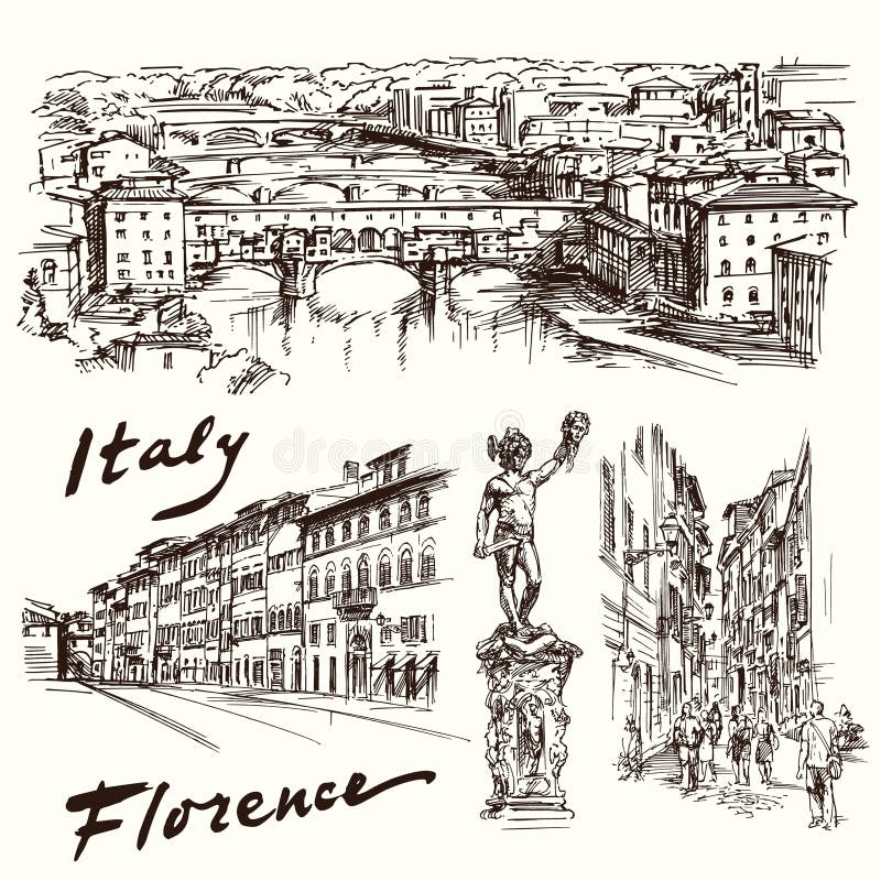 Florence, Italy. Hand drawn set stock illustration