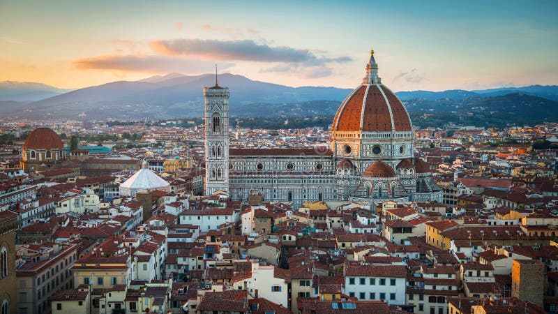 Florence sunset city skyline with Cathedral and bell tower Duomo. Florence, Italy